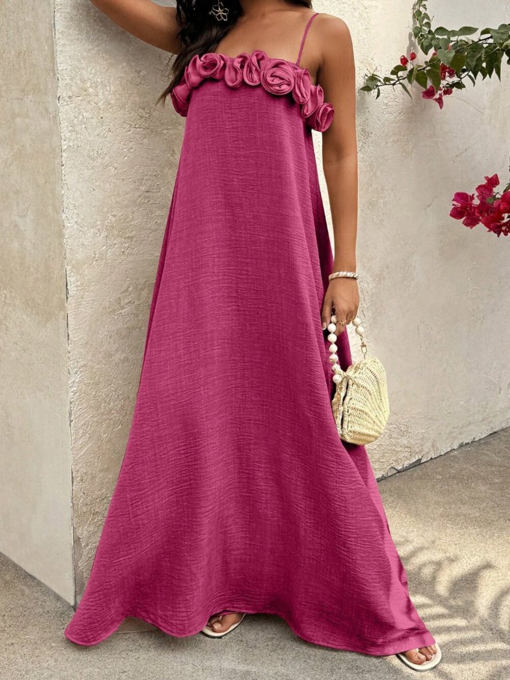 Rose Red Casual Women's 3d Flower A-Line Long Strap Dress - Picture 6 of 6